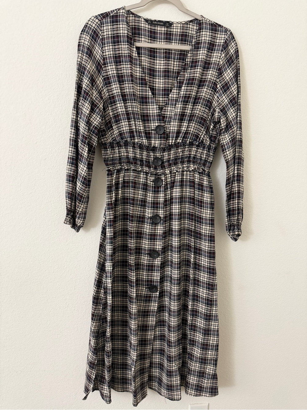 Zara Black & White Plaid Button-Front Midi Dress